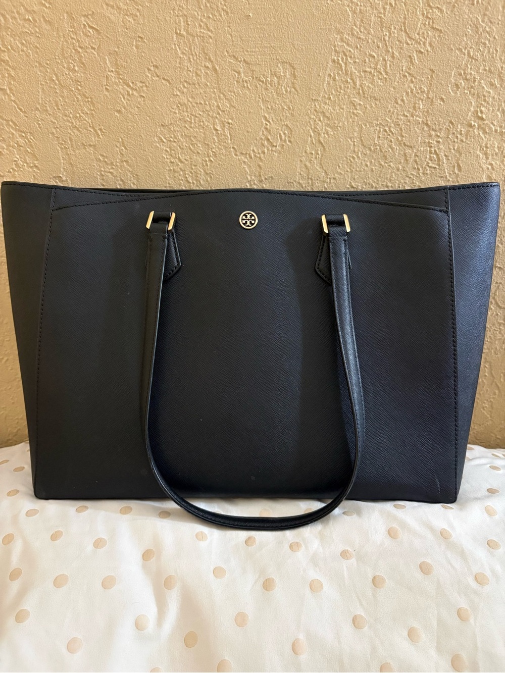 Tory Burch Black Saffiano Leather Tote with Gold Logo